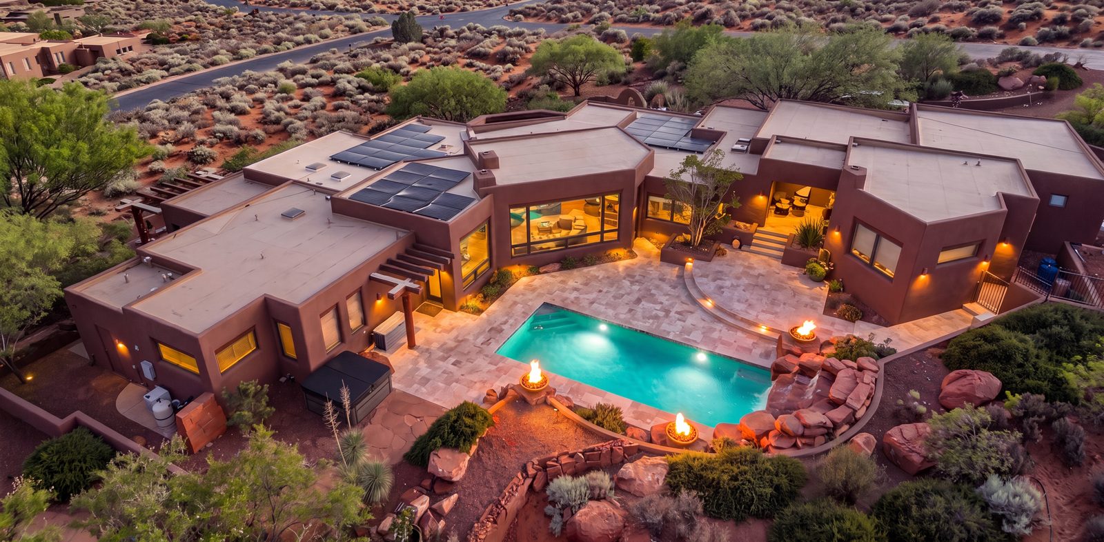 Backyard with a pool, fire bowls and a stone patio, designed