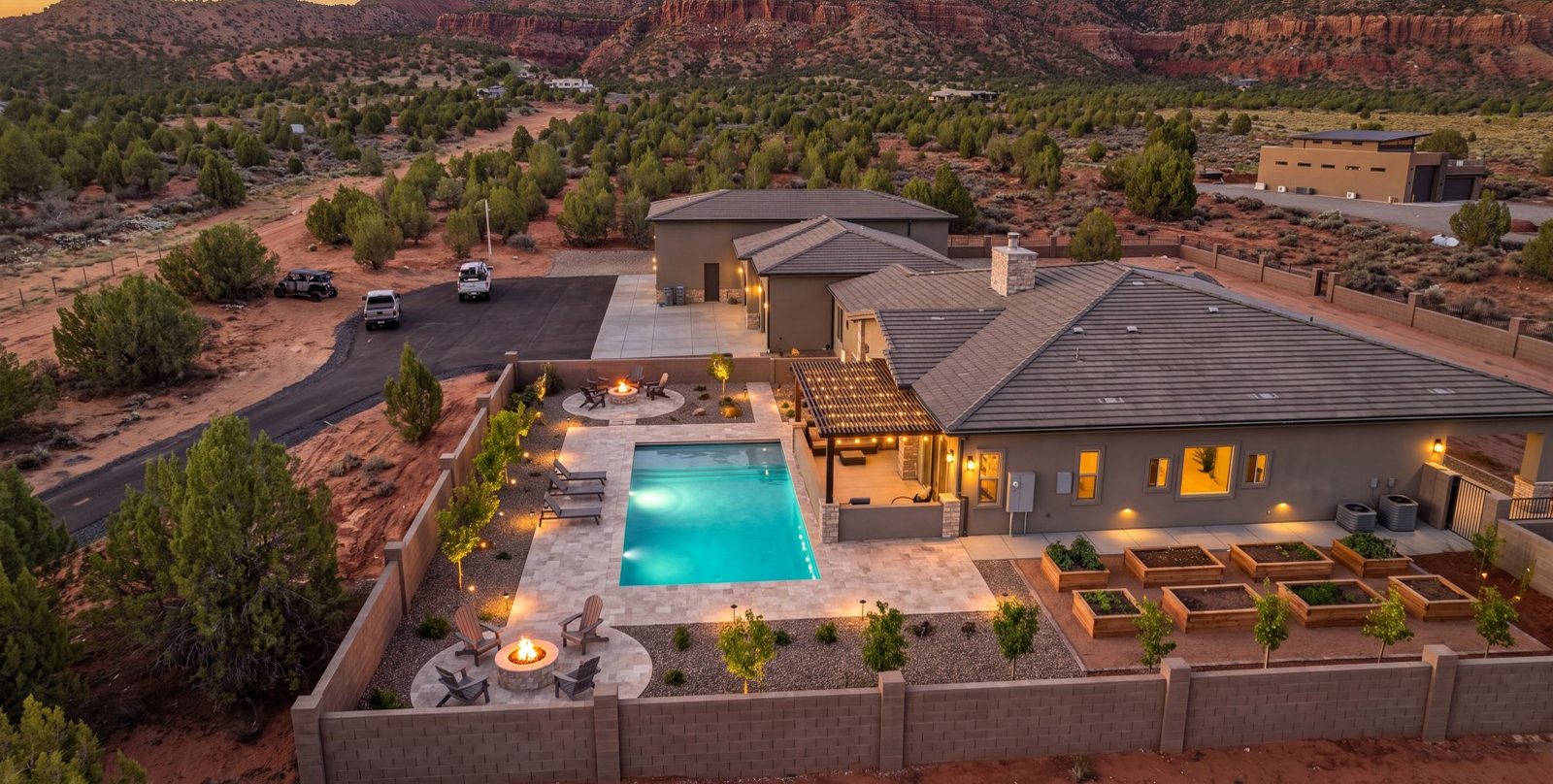 Backyard with a pool, pergola and fire pit, designed
